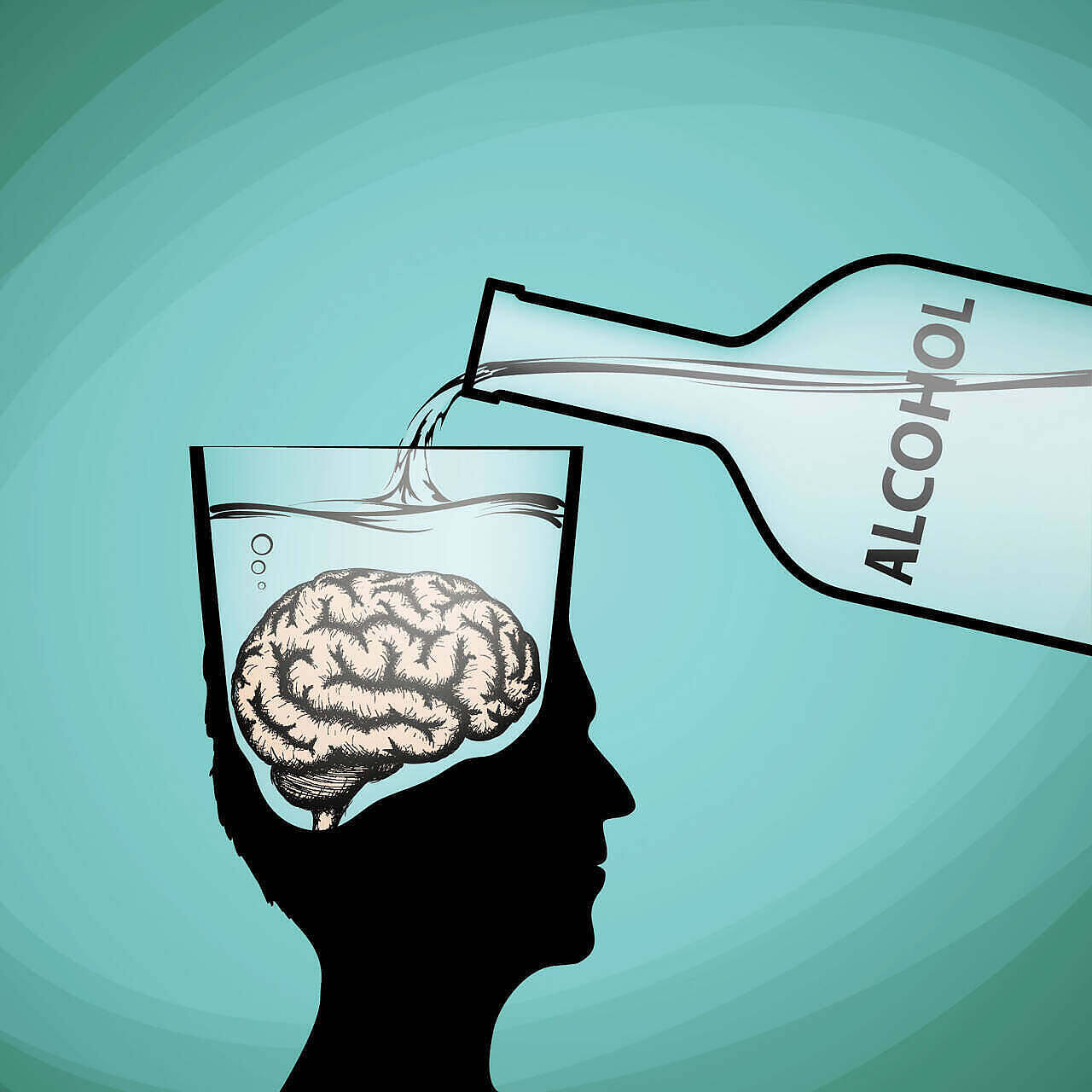 An illustration depicting a silhouette of a person with a brain inside a glass, while a bottle labeled "Alcohol" pours into it, symbolizing the effects of alcohol on mental health.
