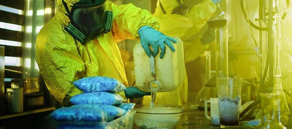Chemists in yellow hazmat suit handling dangerous chemicals in a makeshift laboratory setting