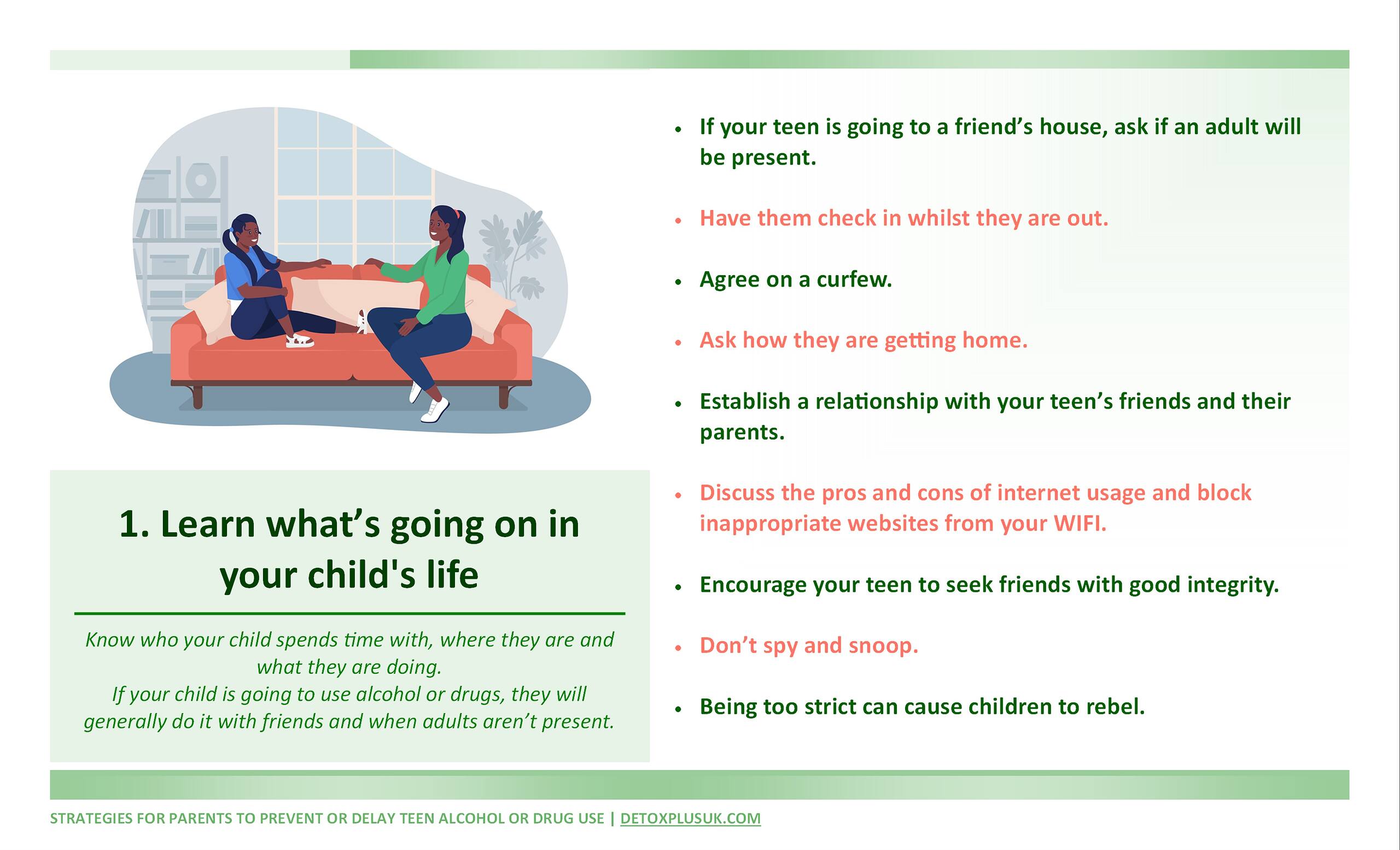 Infographic showing strategies for parents to prevent underage drinking and drug use, including tips on communication, monitoring, and setting boundaries