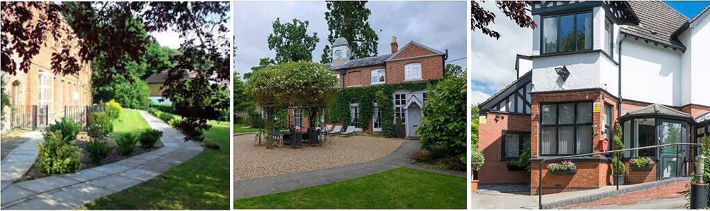 Scenic views of three upscale rehab facilities in Essex, featuring beautiful gardens, brick buildings, and modern extensions