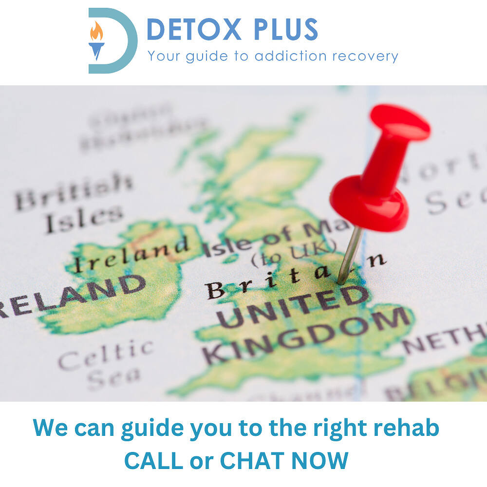 Map of the UK with a pin in it with message we can help you find the right rehab below